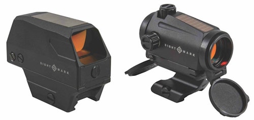 Sightmark Volta (left) and Element Mini Solar (right) red-dot sights.